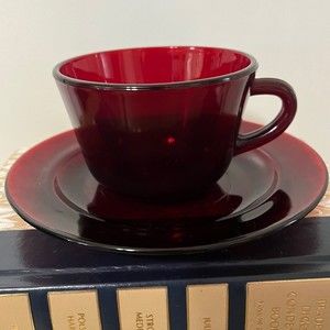 Vintage Anchor Hocking Royal Ruby Red Glass Tea Coffee Cup Mug and Saucer